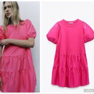 ZARA SHIRT TEE T SHIRT DRESS PINK TIERED MINI PUFF SHORT SLEEVE 1044/175 S